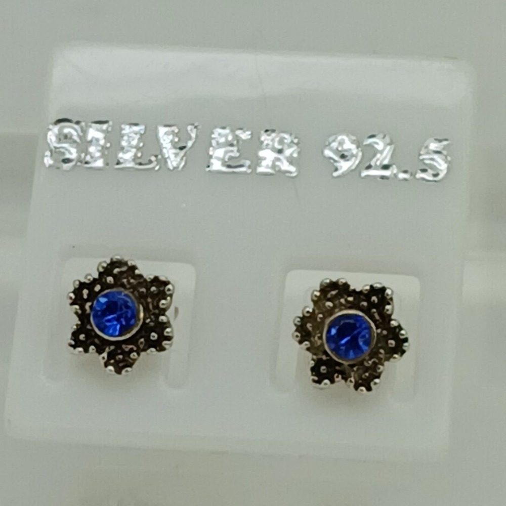 Vintage 925 Sterling Silver Blue Crystal Flower Stud Earrings Floral Jewelry - Picture 4 of 16